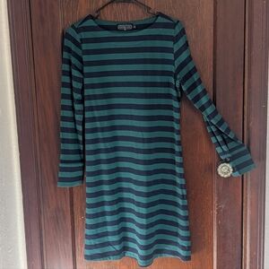 Duffield Lane Green And Navy Stripe Button Back Long Sleeve Shirt Dress Size Sm